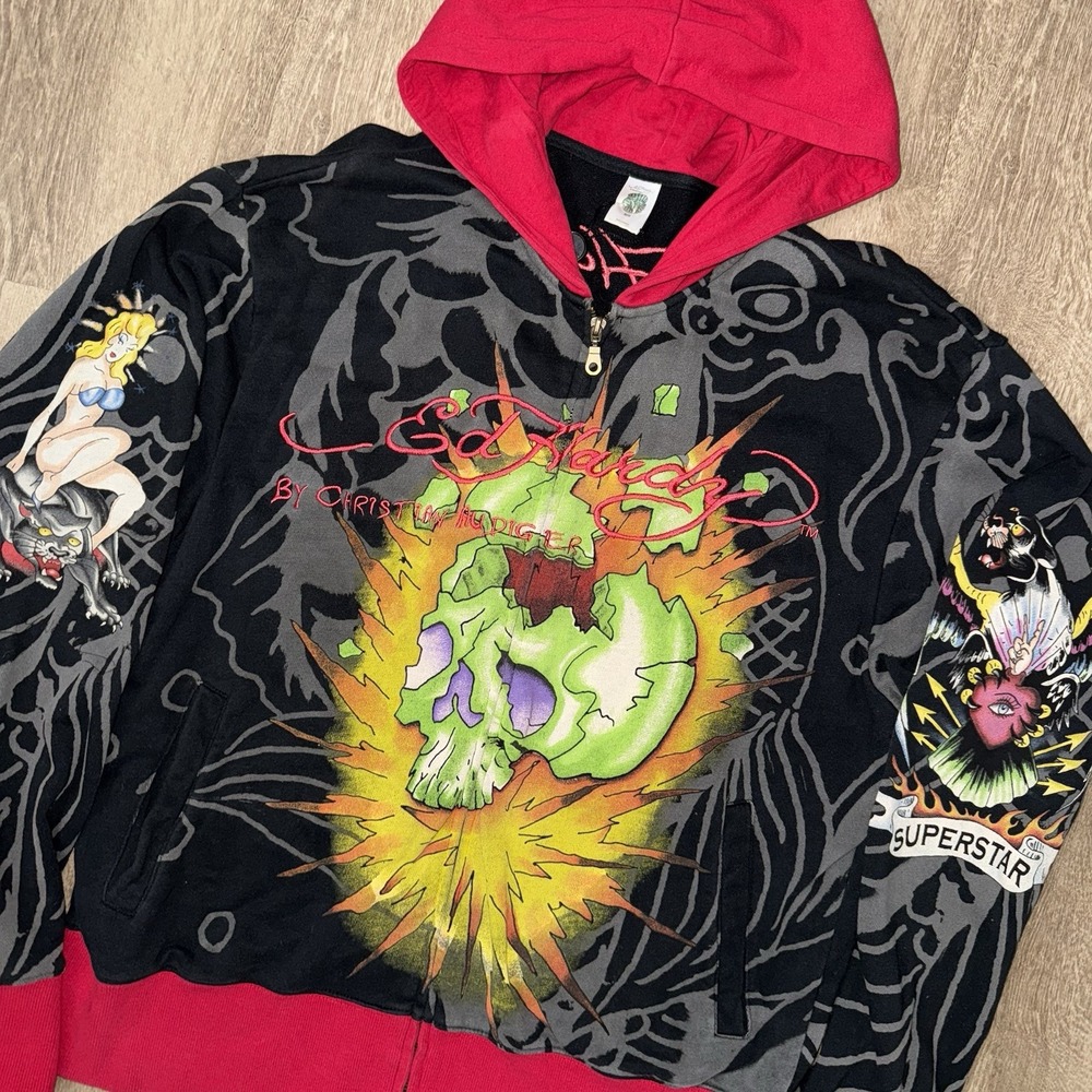 Vintage Ed Hardy Christian Audigier Hoodie Jacket Men's XL Bulldog Skull RARE